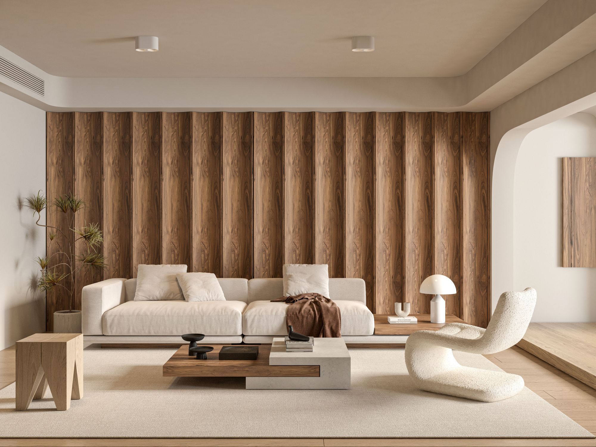 Calm contemporary London living room with warm lighting